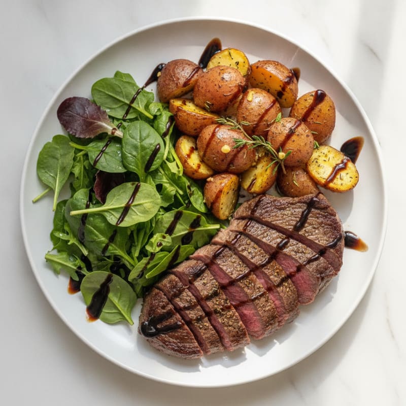 Seared Steak with Herb-Roasted Potatoes and Mixed Greens