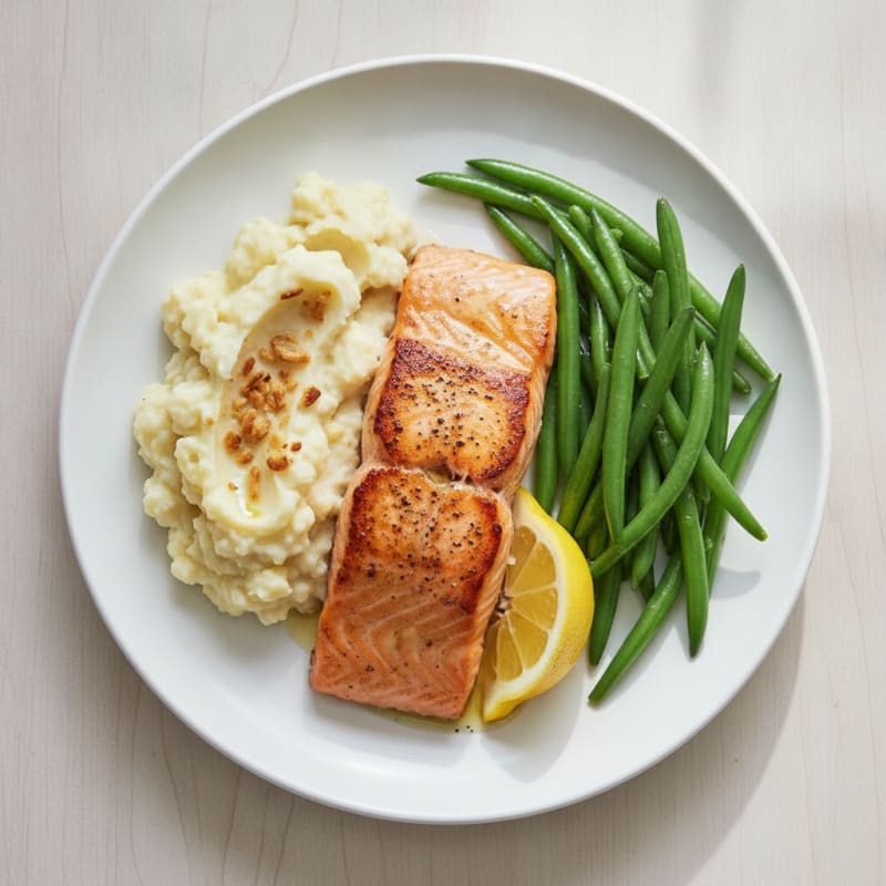 Seared Salmon Fillet with Steamed Green Beans and Garlic Mashed Cauliflower