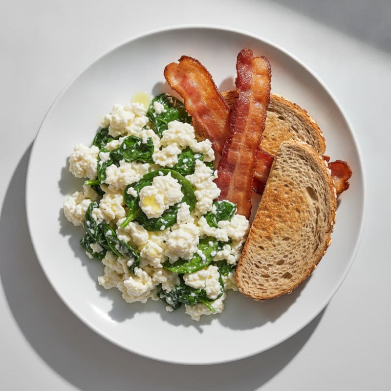 Egg White and Spinach Scramble with Cottage Cheese and Turkey Bacon