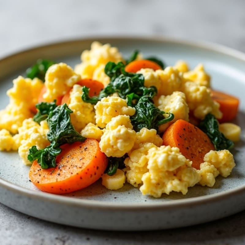 Cottage Cheese and Egg Scramble with Spinach and Roasted Sweet Potatoes