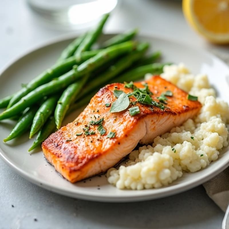 Seared Salmon with Steamed Green Beans and Garlic Mashed Cauliflower