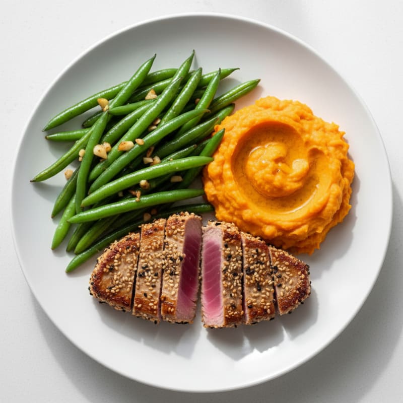 Seared Tuna Steak with Garlic Green Beans and Sweet Potato Mash