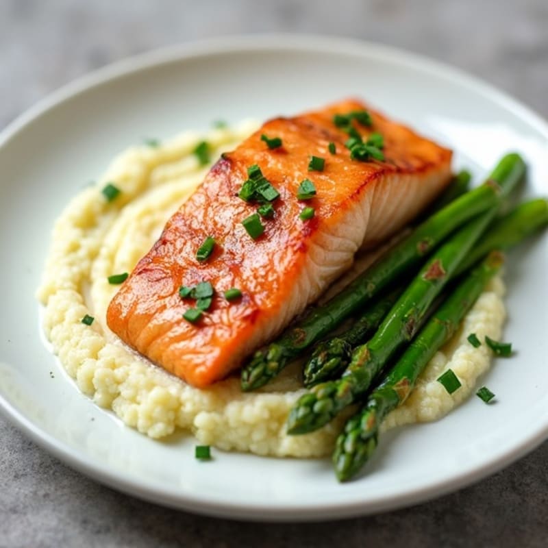Seared Salmon with Steamed Asparagus and Cauliflower Mash