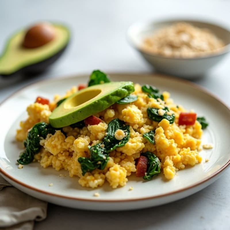 Cottage Cheese Scramble with Spinach and Turkey Bacon (with Oats Side)