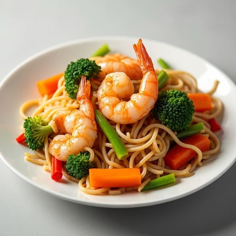 Tender Shrimp Peanut Noodle Stir-Fry with Crunchy Vegetables