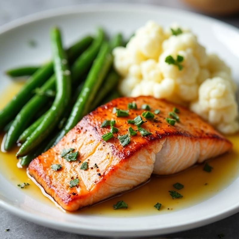 Seared Salmon with Garlic Green Beans and Mashed Cauliflower