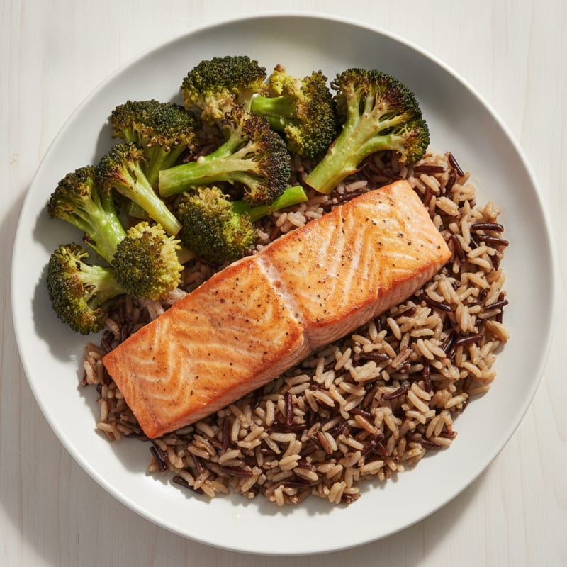 Seared Salmon with Roasted Vegetables and Wild Rice