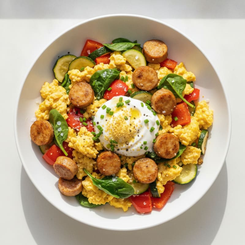 Hearty Scrambled Eggs with Roasted Vegetables