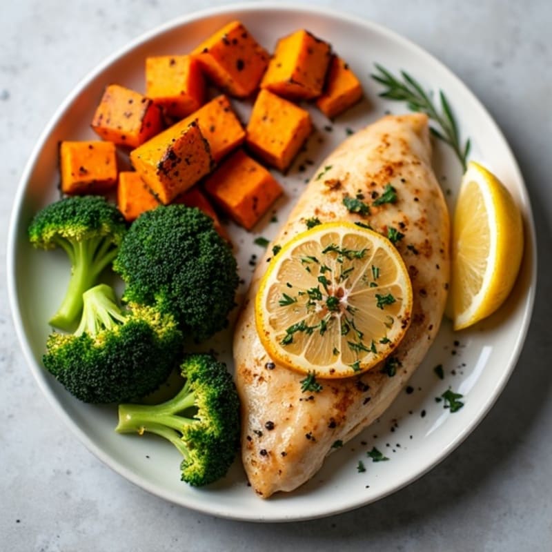 Sheet Pan Lemon Herb Chicken with Roasted Crispy Broccoli and Sweet Potatoes