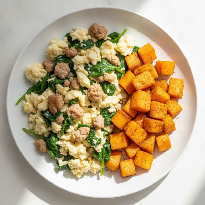 Egg White and Turkey Sausage Scramble with Spinach and Roasted Sweet Potatoes
