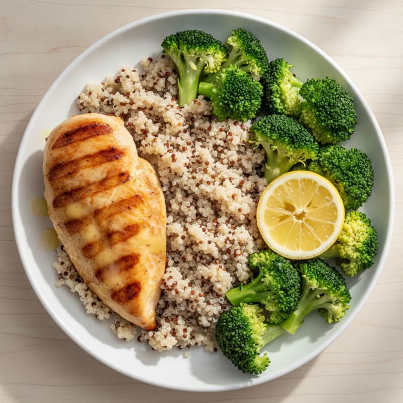 Grilled Chicken Breast with Steamed Broccoli and Quinoa