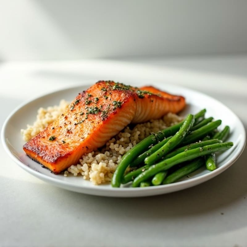 Seared Salmon Fillet with Garlic Green Beans and Brown Rice