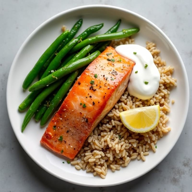 Seared Salmon with Garlic Green Beans and Brown Rice