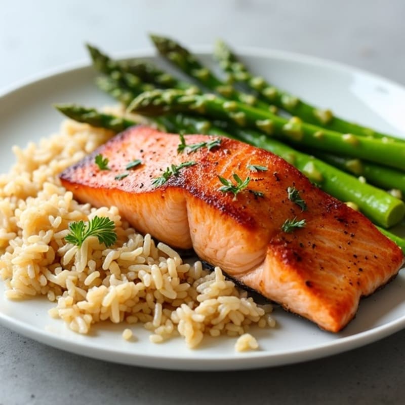 Pan-Seared Salmon with Steamed Asparagus and Brown Rice