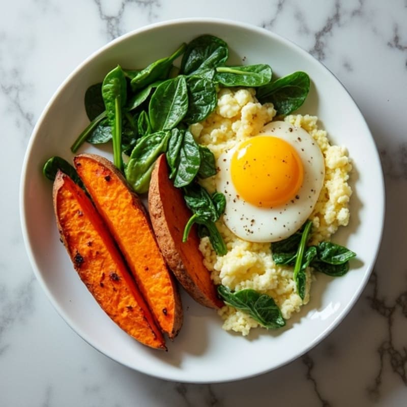 Fluffy Egg and Spinach Scramble with Roasted Sweet Potatoes