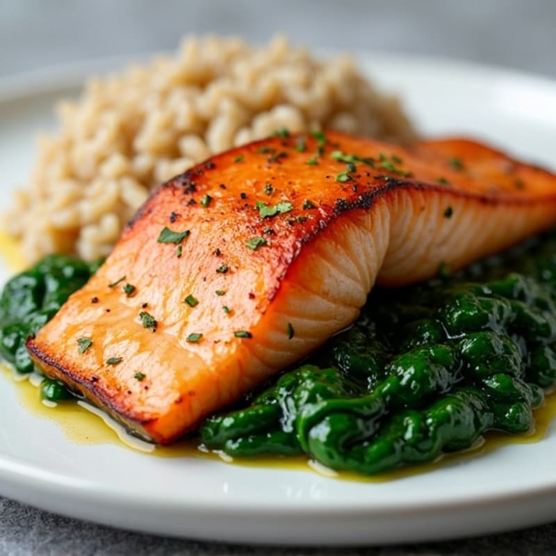 Seared Salmon with Garlic Spinach and Brown Rice