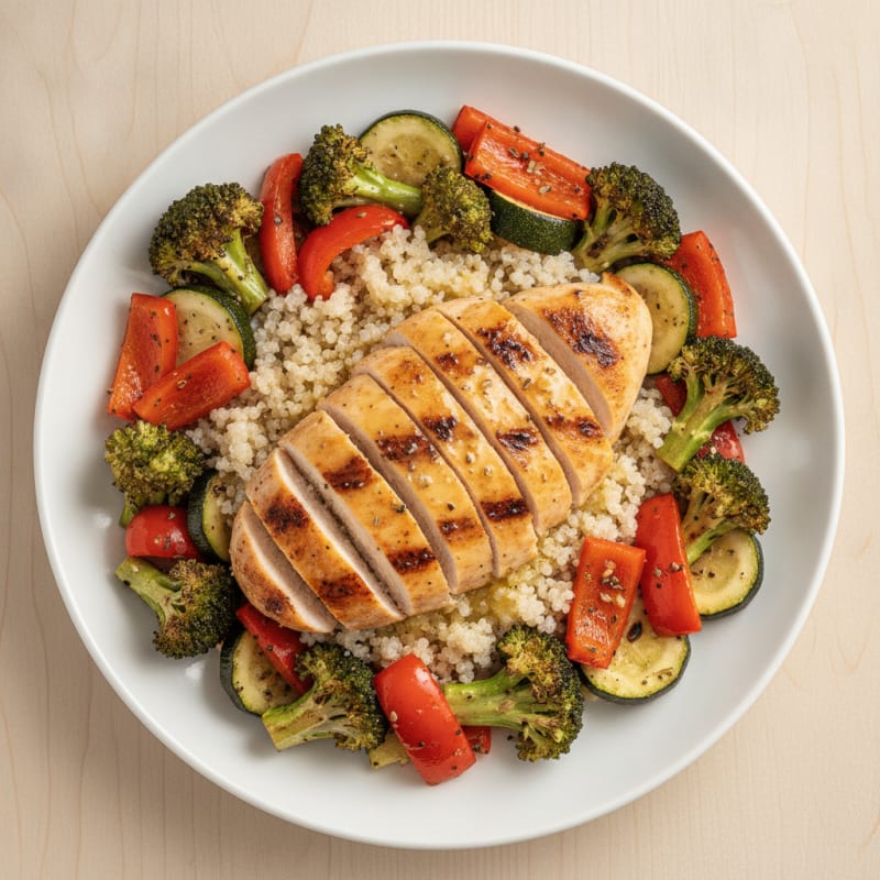 Grilled Chicken Breast with Roasted Mixed Vegetables and Quinoa