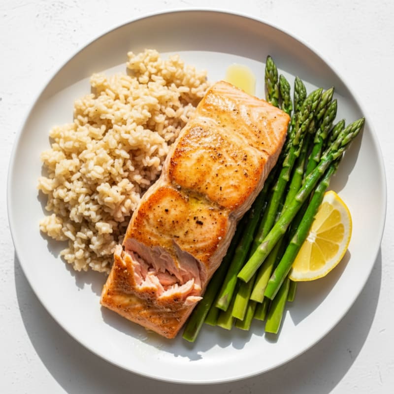 Seared Salmon with Steamed Asparagus and Brown Rice