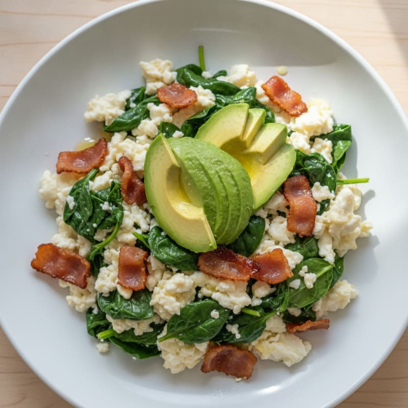 Crispy Turkey Bacon and Egg White Scramble with Baby Spinach