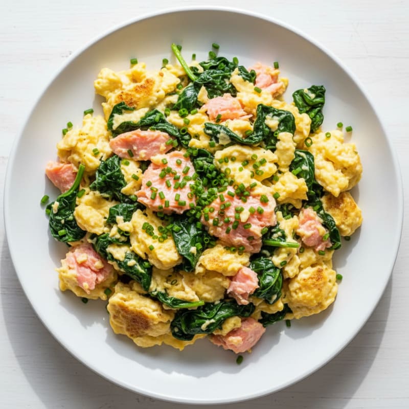 Silky Smoked Salmon Scramble with Spinach and Chives