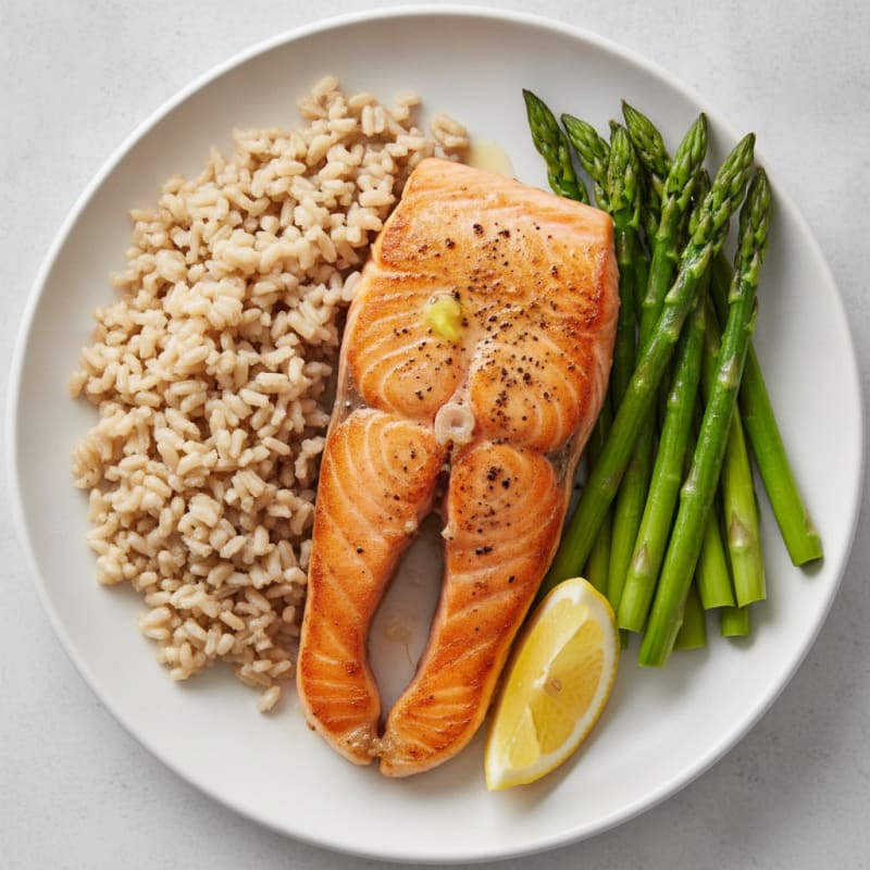 Seared Salmon Fillet with Steamed Asparagus and Brown Rice