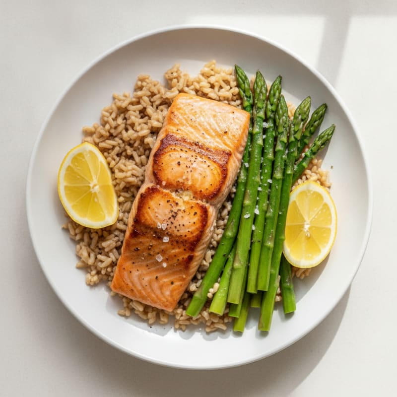 Seared Salmon with Steamed Asparagus and Brown Rice