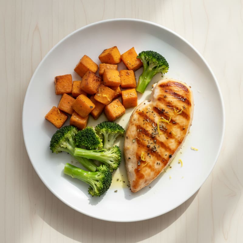 Grilled Chicken Breast with Roasted Sweet Potato and Steamed Broccoli