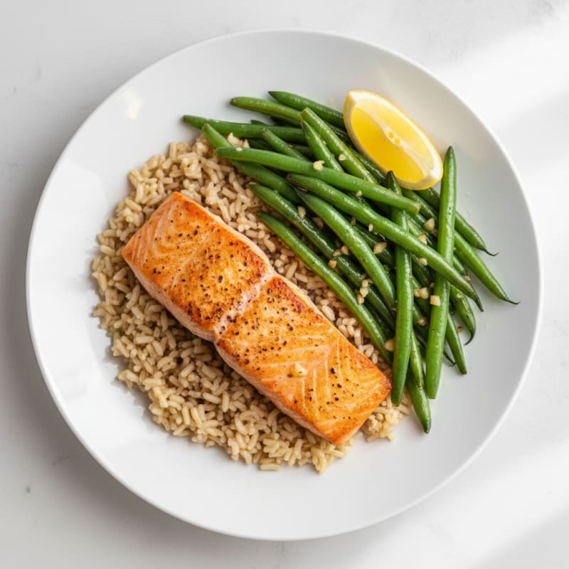 Seared Salmon with Garlic Green Beans and Brown Rice