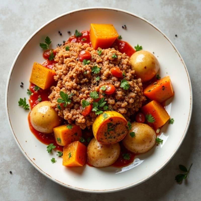 Ground Turkey and Potato Skillet with Roasted Peppercorn Squash and Zesty Tomato Sauce