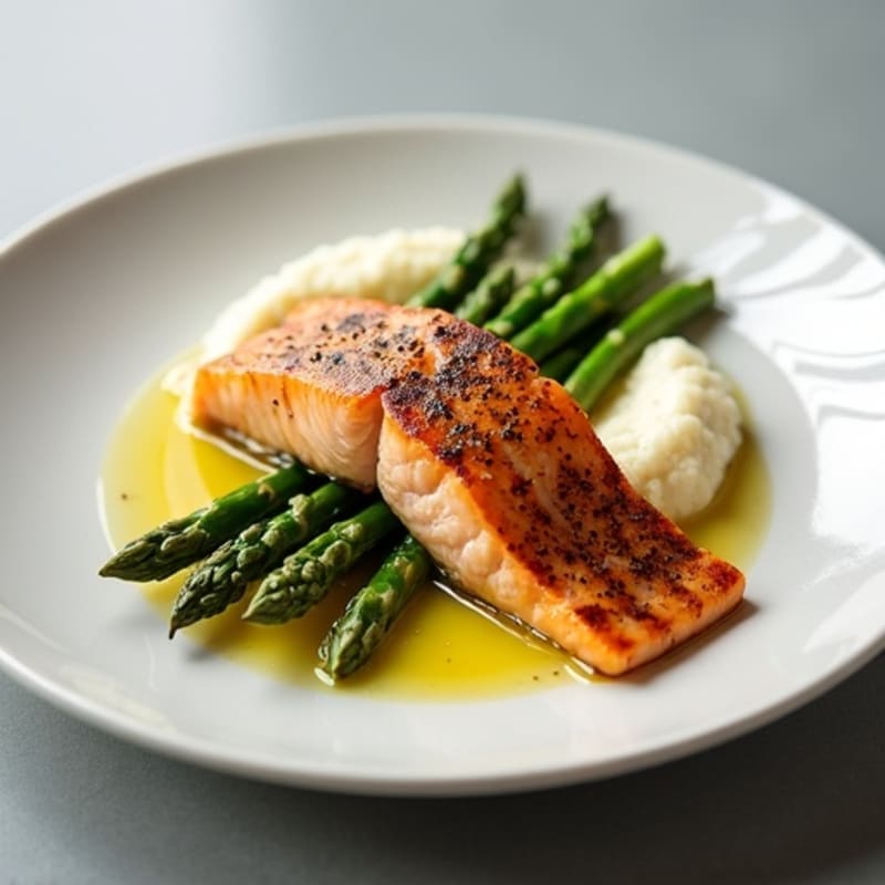 Seared Salmon with Steamed Asparagus and Cauliflower Mash