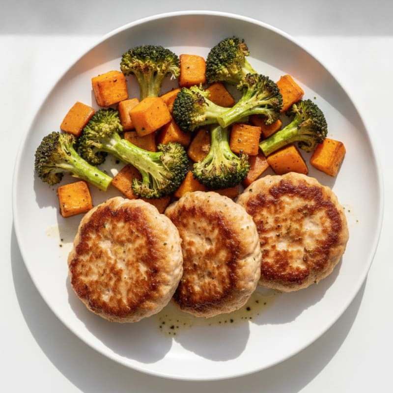 Seared Turkey Patties with Roasted Broccoli and Sweet Potato