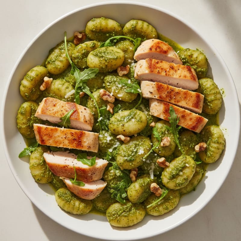 Gnocchi with Arugula Pesto and Seared Chicken