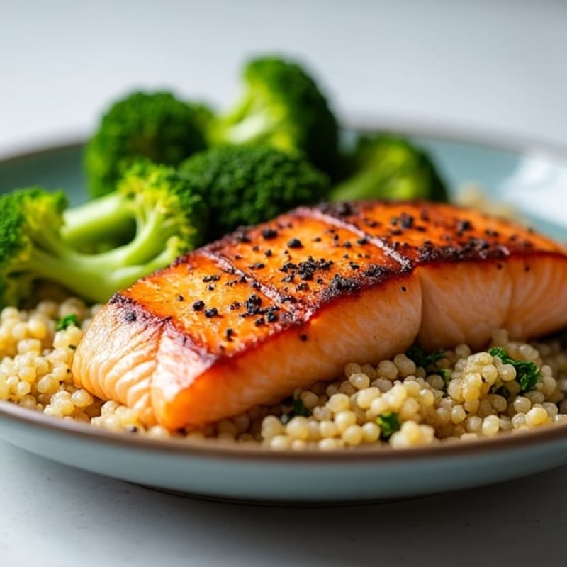 Seared Salmon with Steamed Broccoli and Quinoa