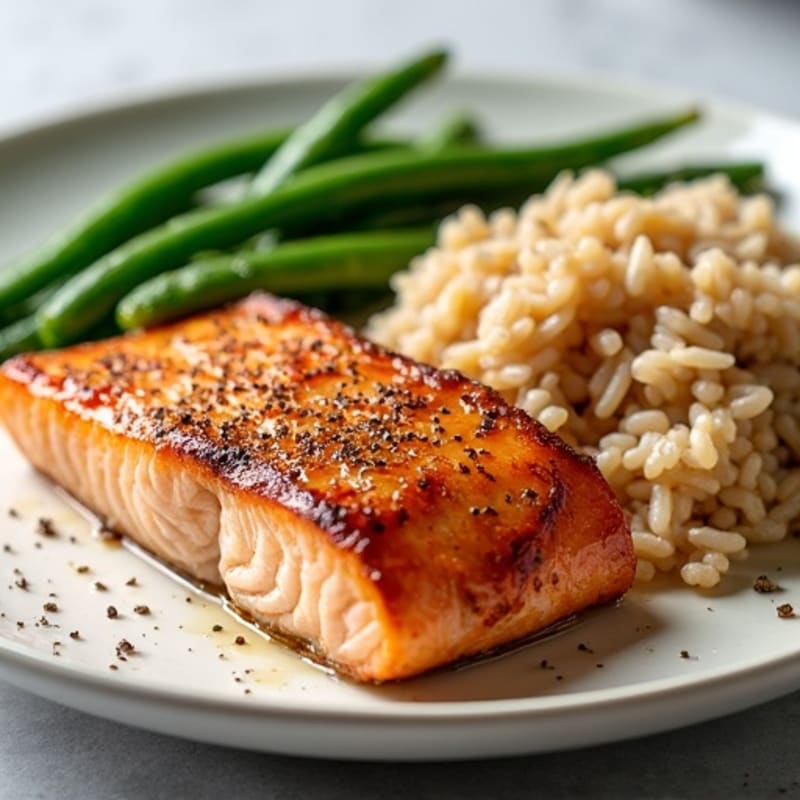 Seared Salmon with Steamed Green Beans and Brown Rice