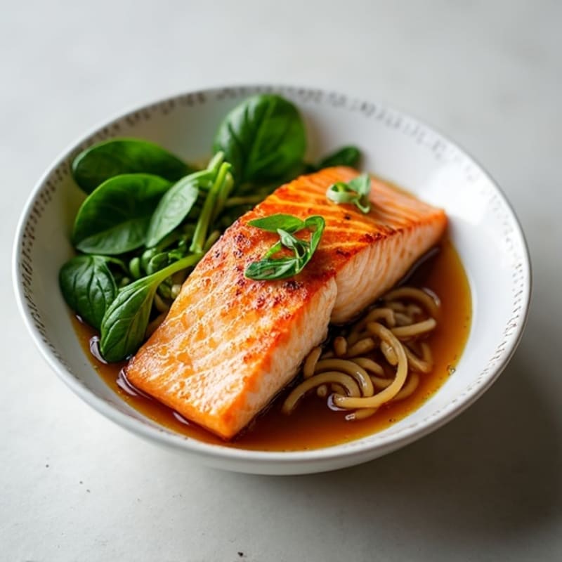 Pan-Seared Salmon with Savory Noodle Soup and Fresh Greens