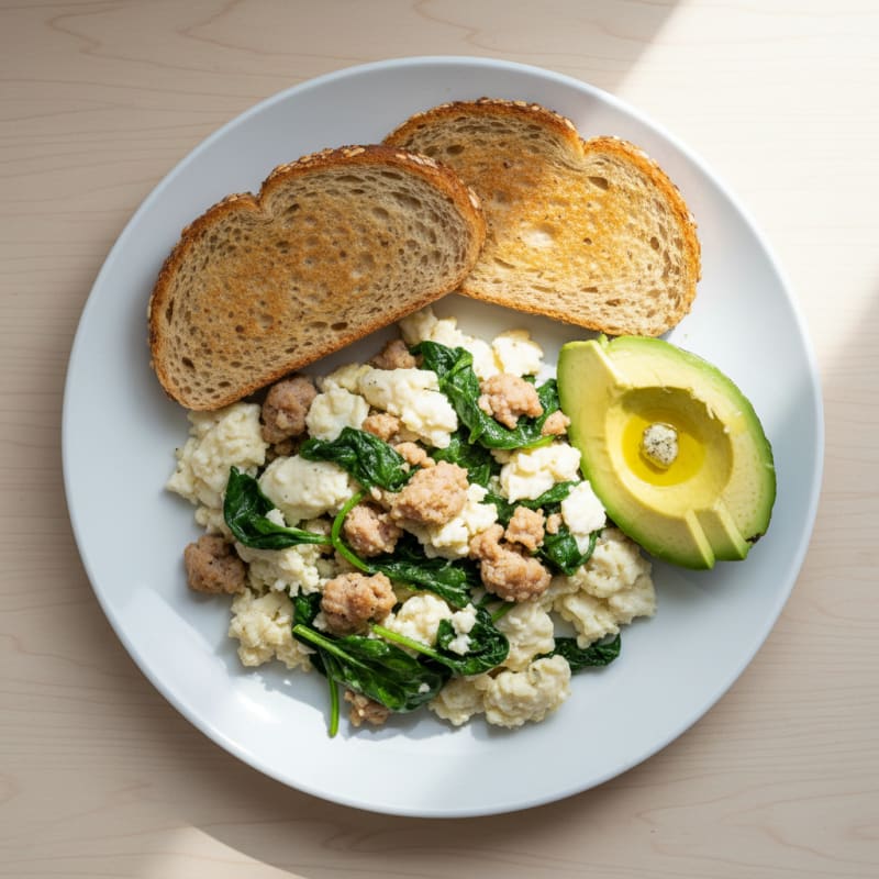 Scrambled Egg Whites with Turkey Sausage and Sautéed Spinach
