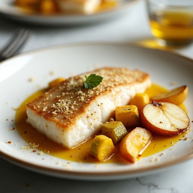 Pan-Seared Tilapia with Roasted Summer Squash, Fresh Pear, and Parmesan