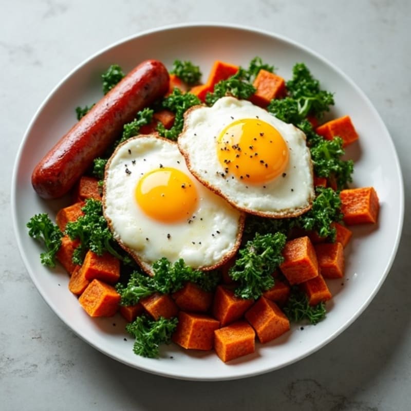 Sweet Potato Hash with Crispy Fried Eggs and Sautéed Kale