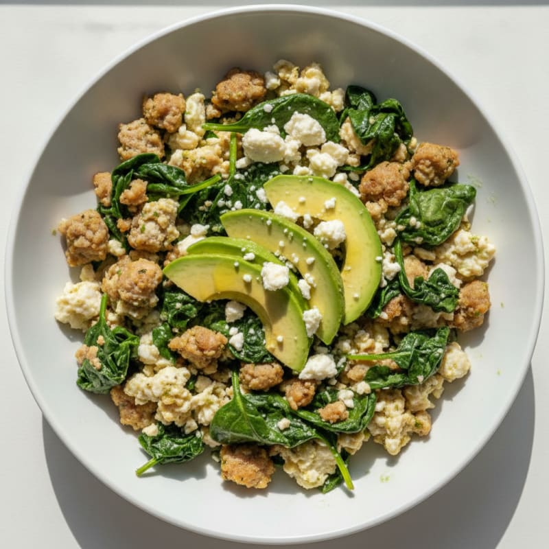 Egg White and Turkey Sausage Scramble with Sautéed Spinach