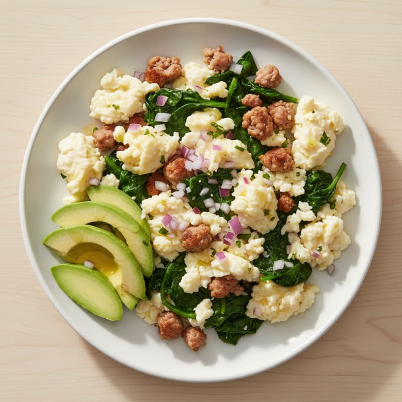 Egg White Scramble with Turkey Sausage and Sautéed Spinach
