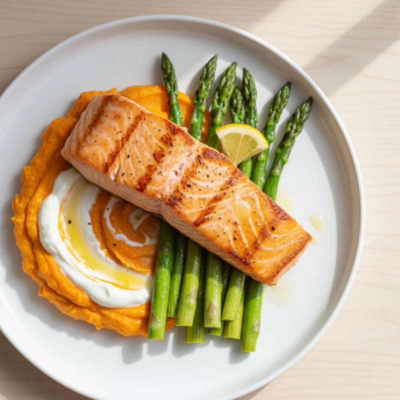 Seared Salmon Fillet with Steamed Asparagus and Sweet Potato Mash