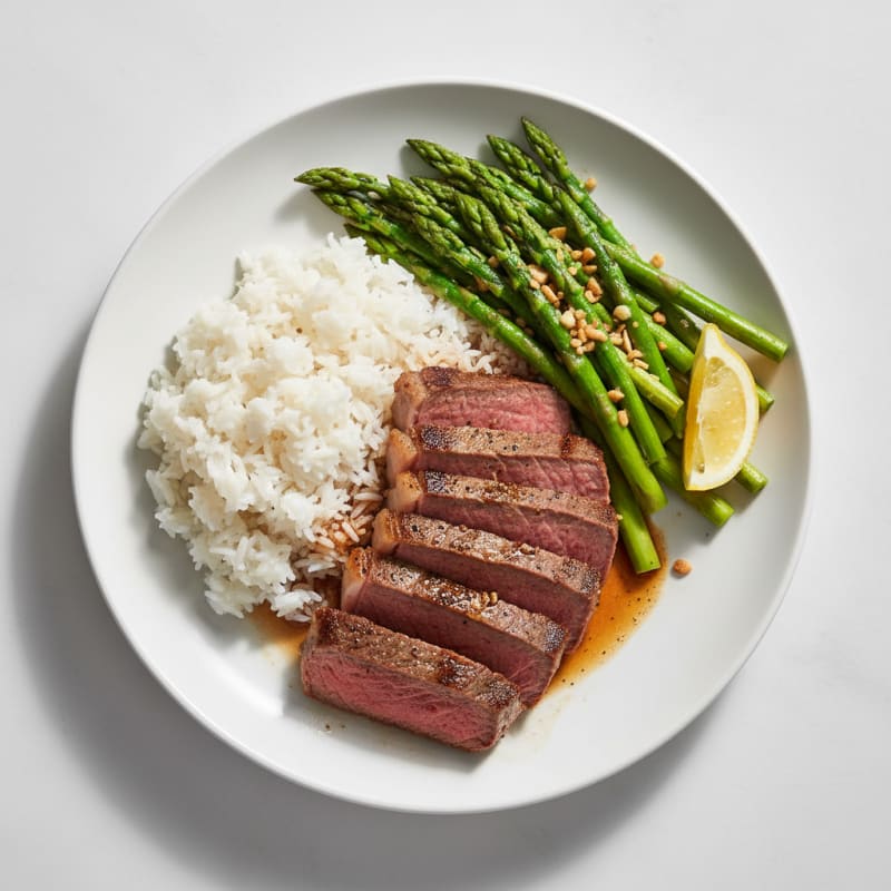 Seared Steak with Steamed Rice and Garlic Asparagus