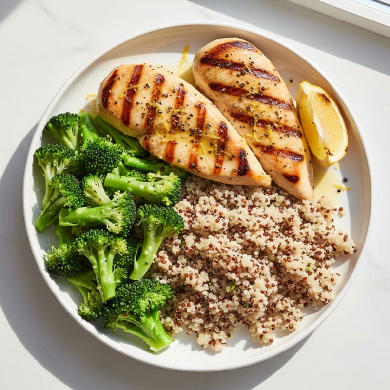 Grilled Lemon Pepper Chicken Breast with Quinoa and Steamed Broccoli