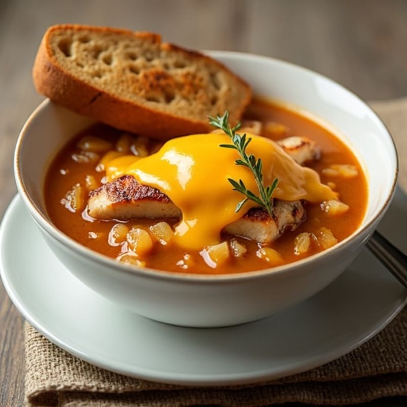 Hearty Caramelized Onion Soup with Crispy Cheesy Bread