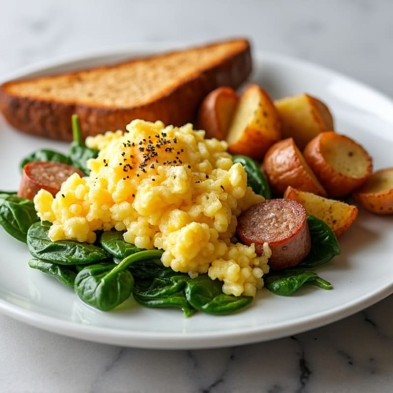 Egg White and Turkey Sausage Scramble with Roasted Potatoes and Spinach