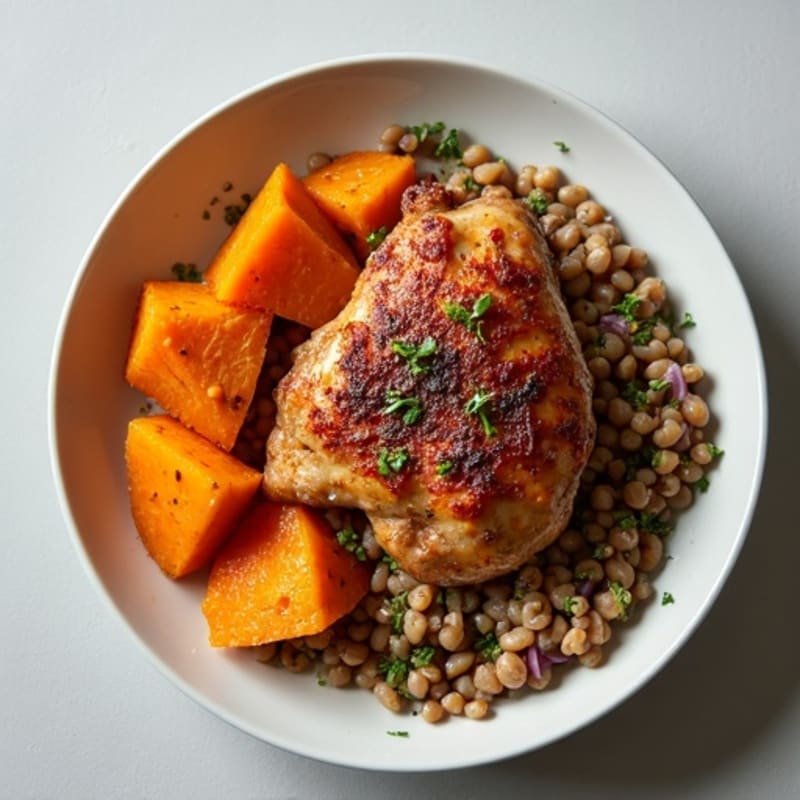 Crispy Chicken Thighs with Roasted Yams and Creamy Lentils
