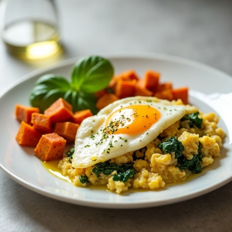 Chicken and Spinach Egg White Scramble with Roasted Sweet Potato