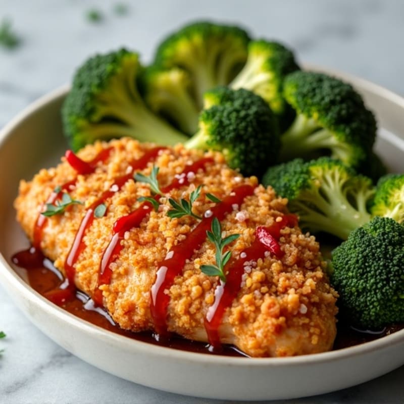 Crispy Baked Chicken with Sweet and Spicy Sesame Sauce and Roasted Broccoli