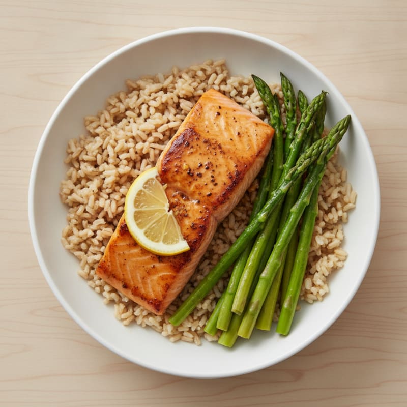 Seared Salmon Fillet with Steamed Asparagus and Brown Rice