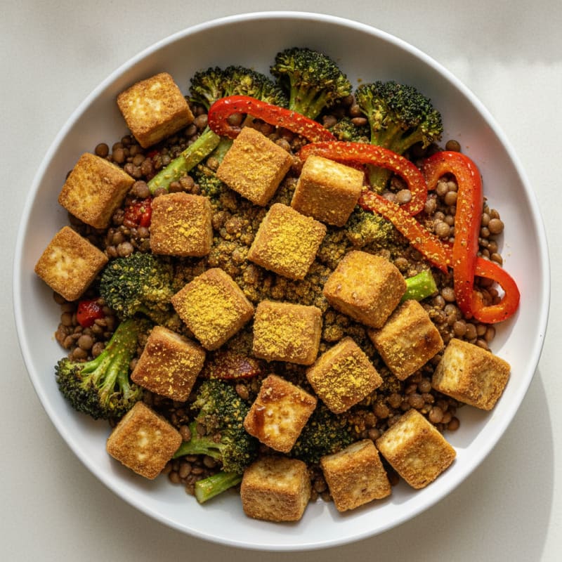 Crispy Tofu and Lentil Power Bowl with Roasted Vegetables